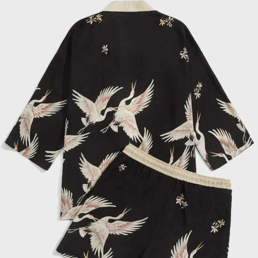 Casual Men's Crane Print Shirt & Set - Picture 2 of 6